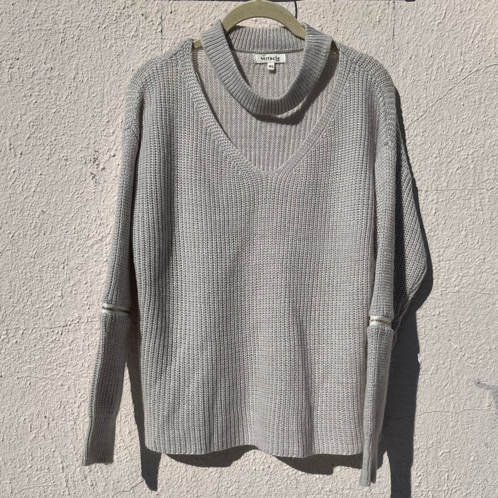 Miracle Lightweight Choker Neck Sweater w/ elbow Zippers—UNIQUE soft—GRAY/silver